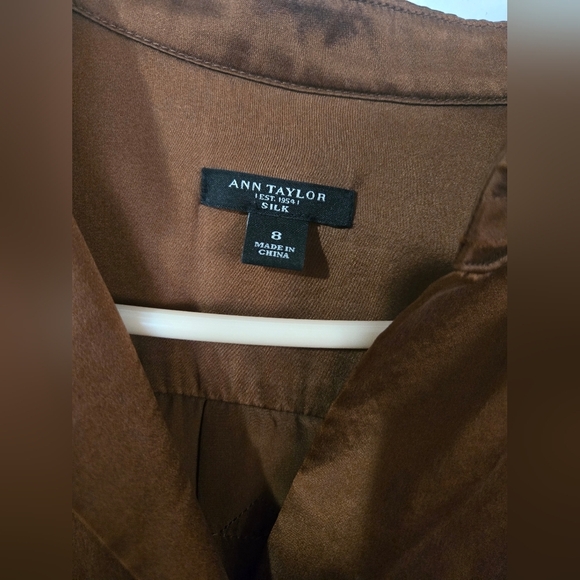 Ann Taylor 100% Silk Shirt Dress Brown Women's Size 8 With 3/4 Cinched Sleeves - Picture 5 of 8
